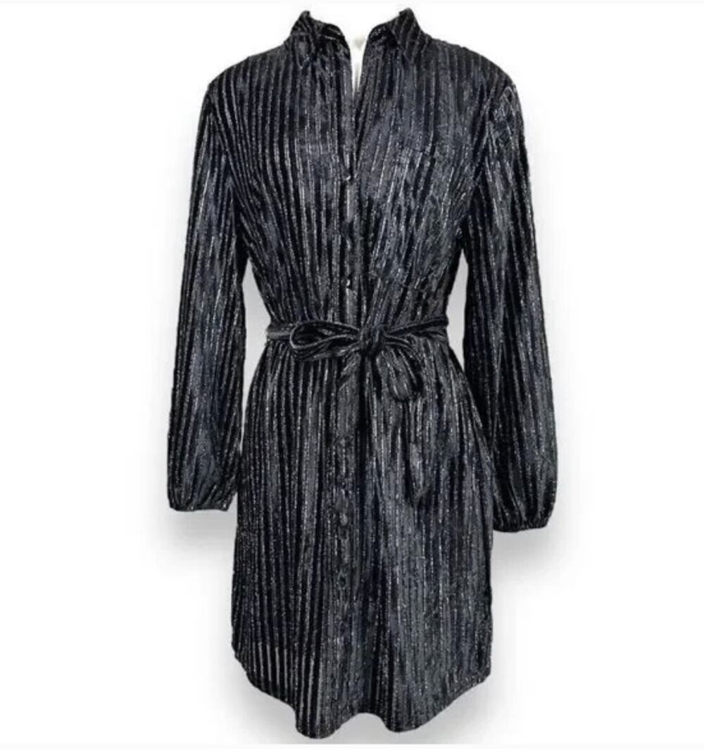 House of Harlow 1960 Sparkle Shirtdress Black Silver Tie Waist Collar Medium